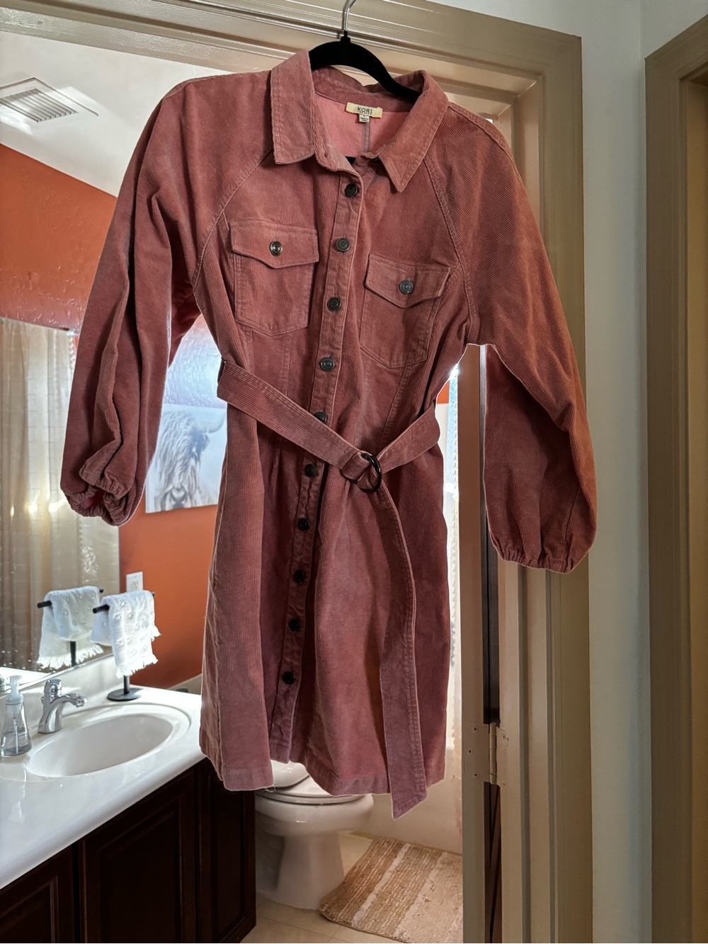 Kori Dusty Rose Corduroy Belted Shirt Jacket